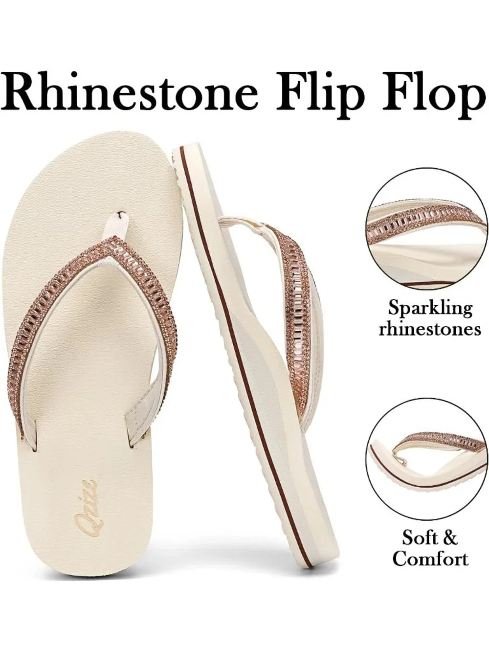 Women's Beige Summer Comfortable Flip Flops with Rhinestone Beach Thong Sandals